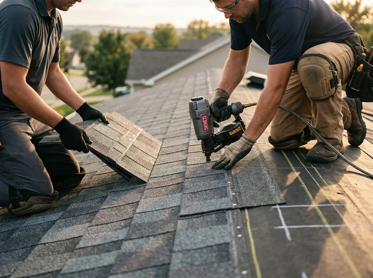 Professional roofer working on a residential roof in Foster City
